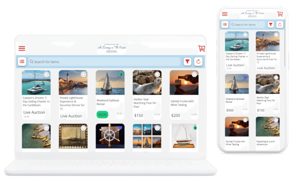 An example auction on both desktop and laptop with items and bids.